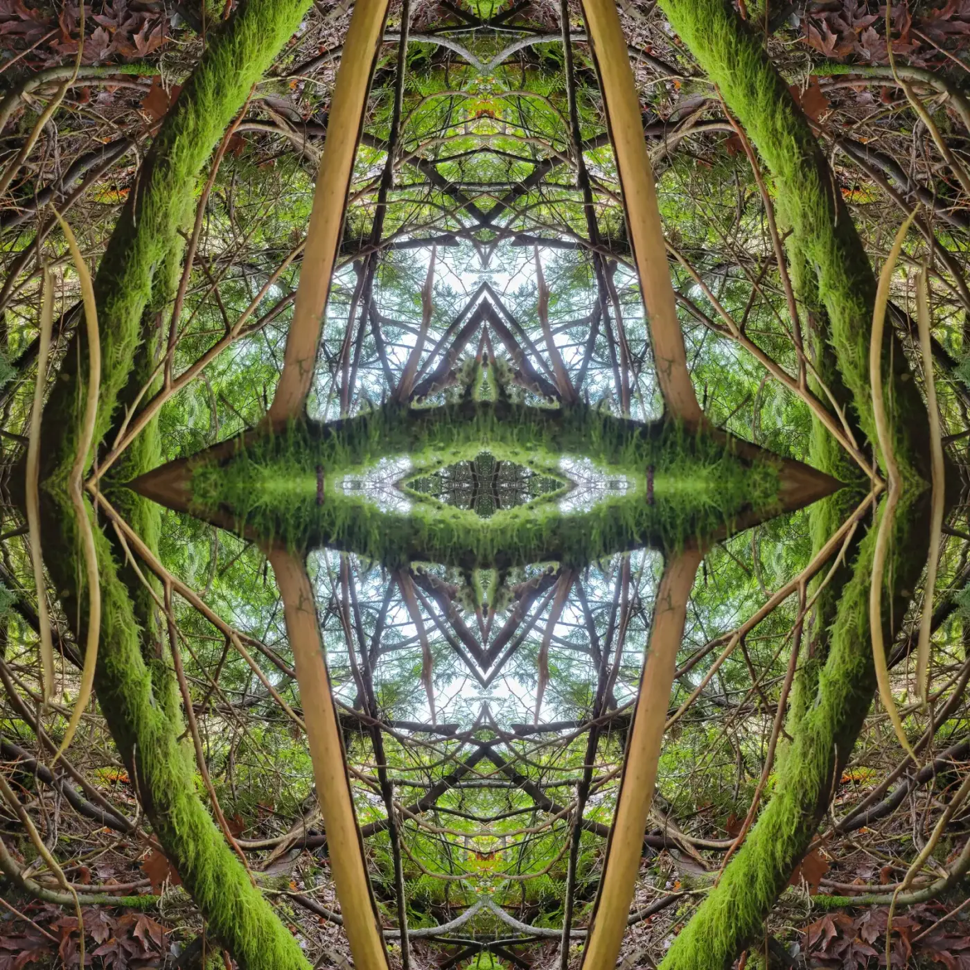 Moss on cedar branches with Lake Cowichan in the background