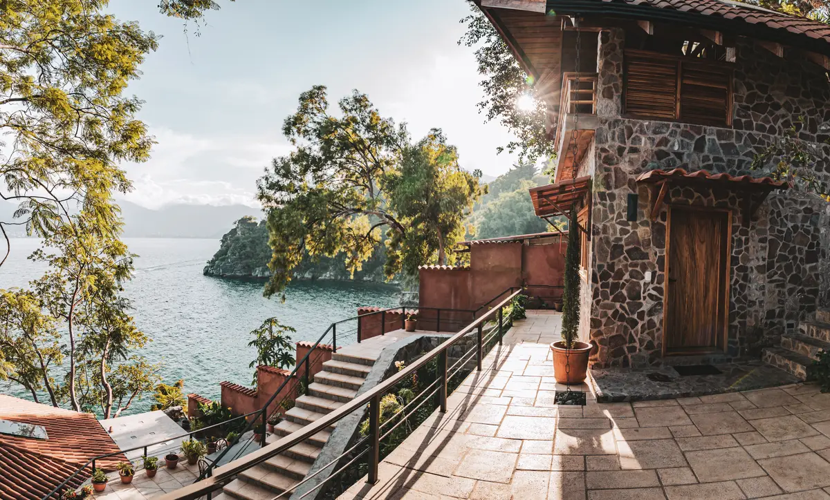 Panoramic landscape of Pasajcap cove at Lago Atitlán