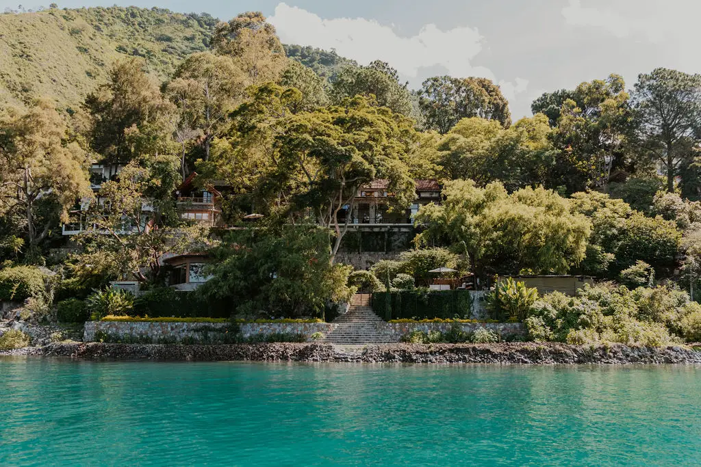 Casa Floresta view over the private cove with Lago Atitlán and surrounding volcanoes